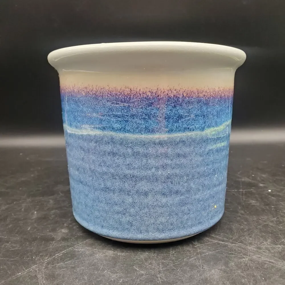 Fireborn Pottery Blue Purple Glazed Ceramic Planter Crock Signed Studio Art